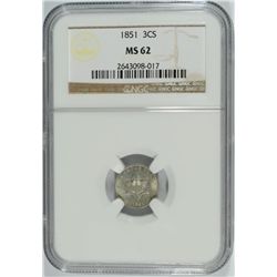 1851 THREE CENT SILVER NGC MS-62