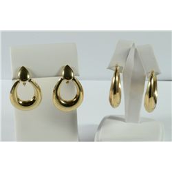 2 - PAIR HOOP / DANGLE 14k YELLOW GOLD EARRINGS (7.9 dwt Total) LIGHTLY WORN