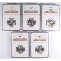 LOT OF ( 5 ) 1964 WASHINGTON QUARTER, NGC MS-65