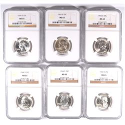 LOT OF ( 6 ) 1964-D WASHINGTON QUARTERS,  NGC MS-65