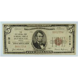 1929 $5 NATIONAL PLYMOUTH, IN #2119