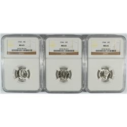 3 1944 MERCURY DIMES NGC MS-65