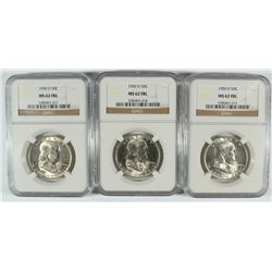 LOT OF ( 3 ) 1950-D FRANKLIN HALF DOLLARS, NGC MS-62 FBL