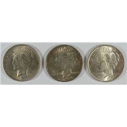 3 PEACE DOLLARS 1922 BU, 1923 AU/BU, 1924 AU