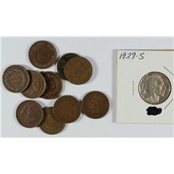 1929-S BUFFALO NICKEL AU & 10 INDIAN CENTS MIXED DATES