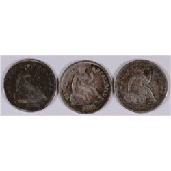 SEATED LIBERTY HALF DIME LOT, 1853 ARROWS XF, 1858 VG DAMAGE, 1872 FINE