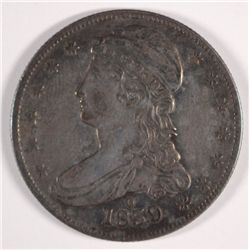 1839-O REEDED EDGE HALF DOLLAR,  AU-55  KEY DATE!! BEAUTIFUL TONING