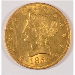 1851-O $10.00 GOLD, MS-62, NICE YELLOW COLOR,  RARE, SELDOM FOUND IN MINT STATE