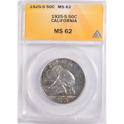 1925-S CALIFORNIA COMMEM HALF DOLLAR, ANACS MS-62 LOOKS BETTER BEAUTIFUL TONING