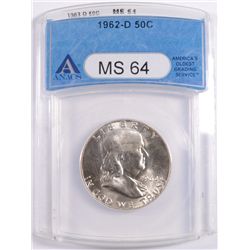 1962-D FRANKLIN HALF DOLLAR, ANACS MS-64  NICE WHITE COIN