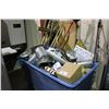 Image 1 : BIN OF ASSORTED PIPEING, TOOLS AND JANITOR SUPPLIES, BIN NOT INCLUDED
