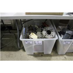 BIN OF LARGE PLUMBING PARTS AND MOTORS