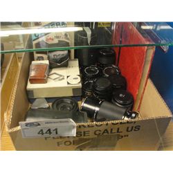 BOX OF ASSORTED CAMERA BOOKS, ASSORTED LENSES, LIGHT METERS, ETC