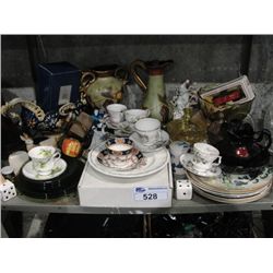 SHELF LOT OF ASSORTED COLLECTABLES; CHINA, GLASSWARE, COLLECTORS PLATES, ORNAMENTS ETC