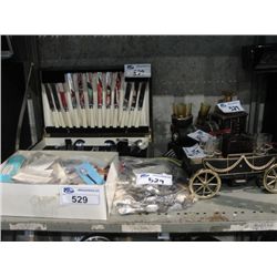 SHELF LOT OF VINTAGE ITEMS; LARGE COLLECTION OF COLLECTORS SPOONS, SILVERWARE SET, TRAIN DECANTER