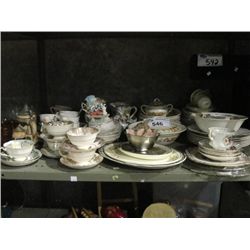 SHELF LOT OF ASSORTED ENGLISH CHINAWARE; TEA CUPS, SAUCERS, LIDDED TOURINE, DINNER PLATES ETC