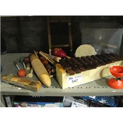 SHELF LOT OF ASSORTED MUSICAL INSTRUMENTS; XYLOPHONE, ASSORTED SHAKER RATTLES, TAMBOURINES, ETC