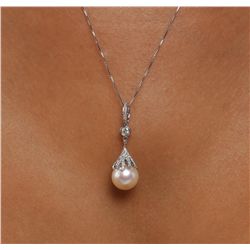 14KT White Gold Pearl and Diamond Pendant With Chain