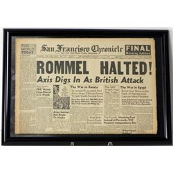 Framed Original Newspaper "Rommel Halted" July 1942