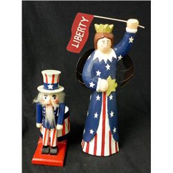 WOOD STATUE OF MISS LIBERTY & NUTCRACKER OF UNCLE SAM