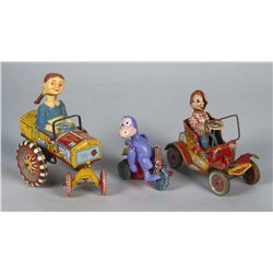 Lot Of 3 Tin Litho Wheeled Toys