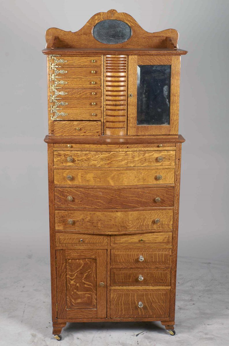 Tall Locking Antique Oak Dental Cabinet