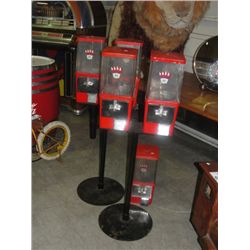 GROUP OF 5 VINTAGE 5CENT GUMBALL MACHINES; 2 PAIRS ON PEDESTAL STANDS, ONE SINGLE