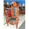 Image 1 : HEAVILY CARVED MAHOGANY WITH LIONS HEAD ARM REST AND BLACK LEATHER UPHOLSTERY HIGH BACK CHAIR