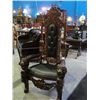 Image 2 : HEAVILY CARVED MAHOGANY WITH LIONS HEAD ARM REST AND BLACK LEATHER UPHOLSTERY HIGH BACK CHAIR