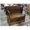 Image 2 : EARLY 1900S HEAVILY CARVED OAK BENCH SEAT WITH UNDERSEAT STORAGE CONVERTS TO SIDE TABLE