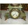 Image 2 : 3PC GREEN ONYX AND BRASS FRENCH CLOCK SET; CLOCK AND FIGURAL STATUES