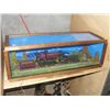 Image 1 : HOBBY RAILROAD COLLECTION; SHADOW BOX DISPLAY WITH VINTAGE TRAIN TOY ENGINES AND ONE BOX WITH TRACK