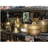 Image 1 : SHELF LOT OF VINTAGE BRASS WARES; JAM POTS, LARGE KETTLE, EAGLE FIGURINE, ETC