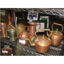 SHELF LOT OF ASSORTED COPPER COLLECTORS PIECES; OIL CAN, TEA POTS, JUGS, ETC