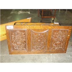 HAND CARVED COFFEE TABLE TOP WITH LOGGING CAMP SCENE AND 2 HAND CARVED DECORATIVE WALL HANGING