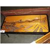 Image 3 : HAND CARVED COFFEE TABLE TOP WITH LOGGING CAMP SCENE AND 2 HAND CARVED DECORATIVE WALL HANGING