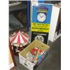 Image 1 : GROUP LOT OF VINTAGE A AND B QUALITY ADVERTISEMENT CLOCK, TOY CAROUSEL AND BOX OF ASSORTED VINTAGE