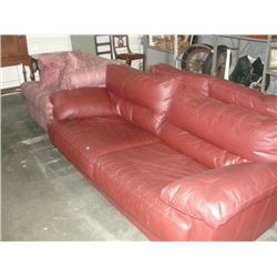 2PC BURGANDY LEATHER SOFA AND LOVESEAT SET AND A LARGE OVER STUFFED UPHOLSTERED LIVING ROOM ARM