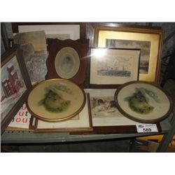 SHELF LOT OF ASSORTED VINTAGE FRAMED PICTURES, PRINTS AND ORIGINAL ART