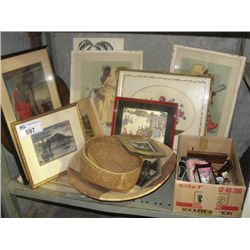 SHELF LOT OF ASSORTED PICTURES, PRINTS AND ORIGINAL ART, WOVEN BASKETS AND BOX OF COLLECTABLE CHINA