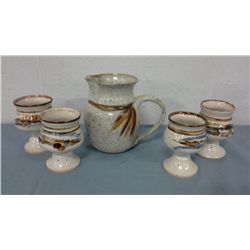 Signed Pottery Wine Jug and 4 Goblets