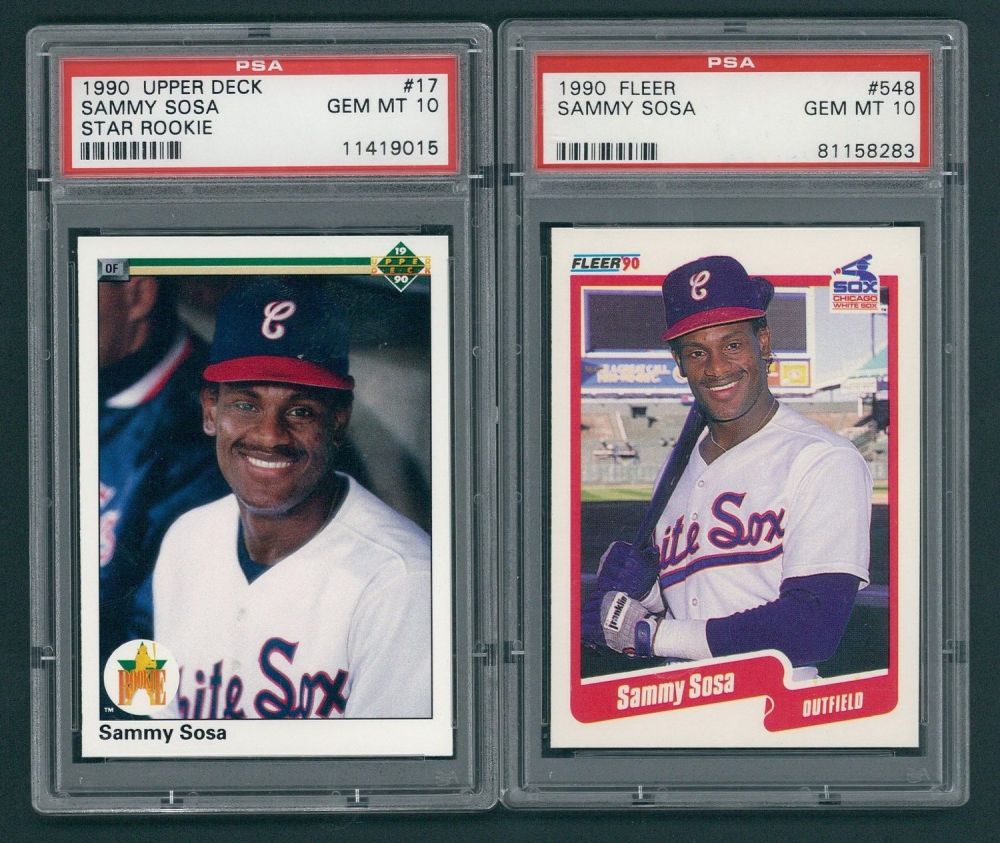 lot of (2) sammy sosa baseball cards with 1990 fleer #548 sammy sosa rc (psa 10) & 1990 upper deck # lot of (2) sammy