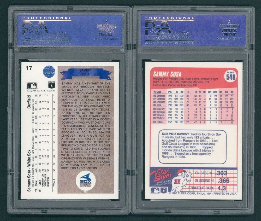 Lot of (2) Sammy Sosa Baseball Cards with 1990 Fleer #548 Sammy Sosa RC  (PSA 10) & 1990 Upper Deck #
