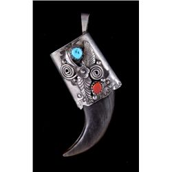 Navajo Bear Claw Silver Turquoise & Coral Pendant