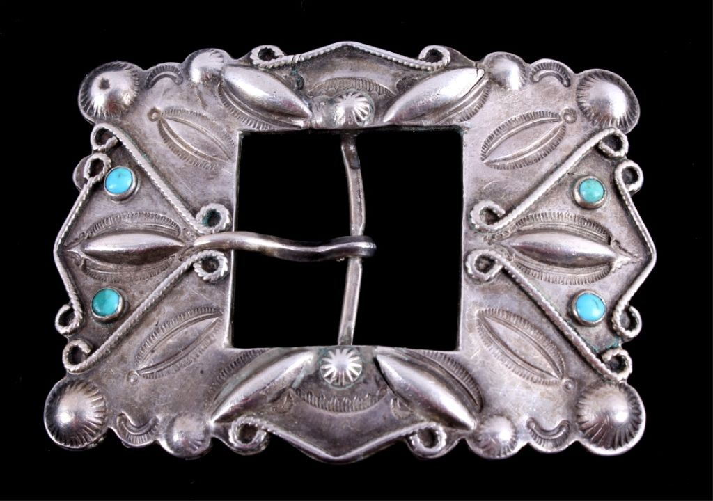 Navajo Pawn Silver & Turquoise Belt Buckle 1930 Th