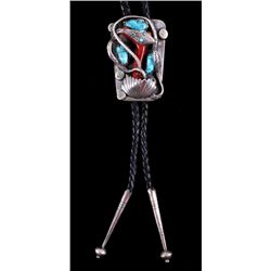 Navajo Snake Silver Turquoise & Coral  Bolo Tie Th