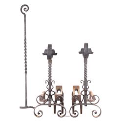 Antique Wrought Iron Andiron Set with 5 Pieces Thi