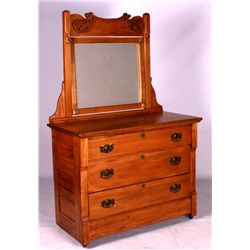 Antique Chestnut Dresser with Beveled Mirror This