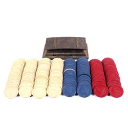Antique Clay Poker Chip Set & Cast Iron Card Box T