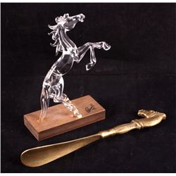 Solid Brass Shoe Horn and Glass Horse Sculpture Th